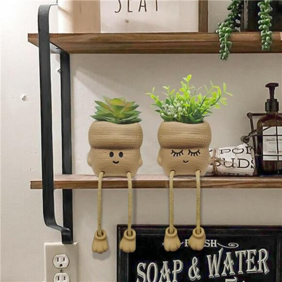 Set of 2 Smiley Face Succulent Planters with Artificial Plants Small Home Office - Picture 3 of 7